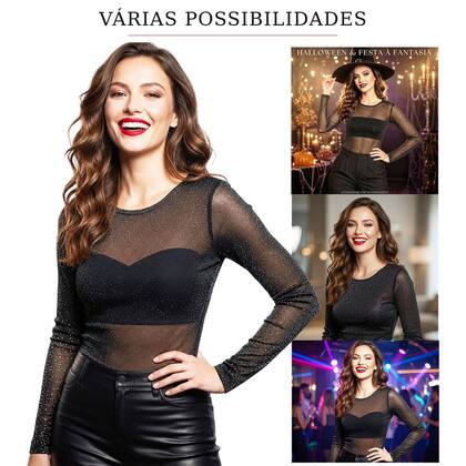 Imagem de Blusa Feminina de Tule Transparente Preta com Brilho Lurex Manga Longa Festa Balada Fantasia