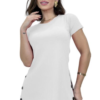 Imagem de Blusa Feminina Manga Curta Blusinha Canelada Botões Comprida