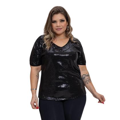 Imagem de Blusa Feminina Manga Curta Frente Em Paetê Plus Size Moda Evangélica Festa