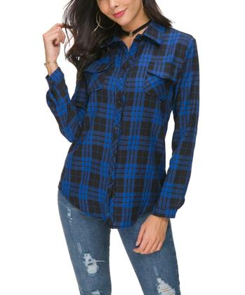 Imagem de Blusa feminina NUOREEL, casual, xadrez, macia, manga 3/4, azul royal