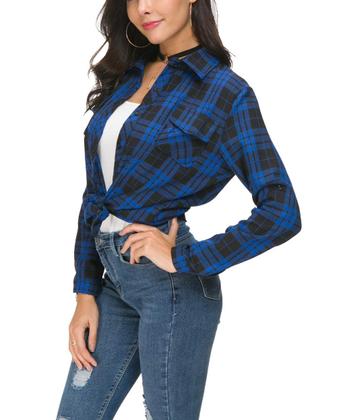 Imagem de Blusa feminina NUOREEL, casual, xadrez, macia, manga 3/4, azul royal