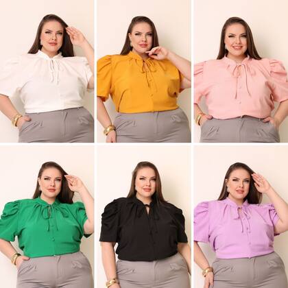 Imagem de Blusa Feminina Plus Size Gola Lacinho Manga Curta Com Botoes