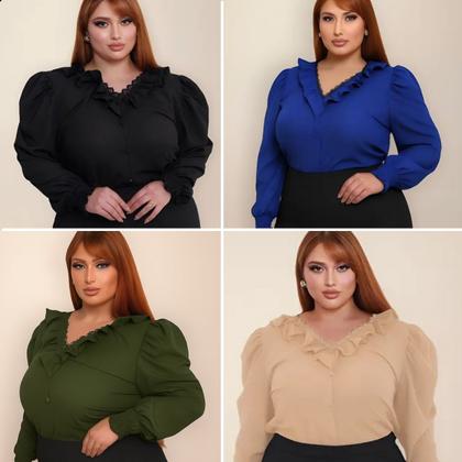 Imagem de Blusa Feminina Plus Size Manga Longa Gola V Rendinha Babado