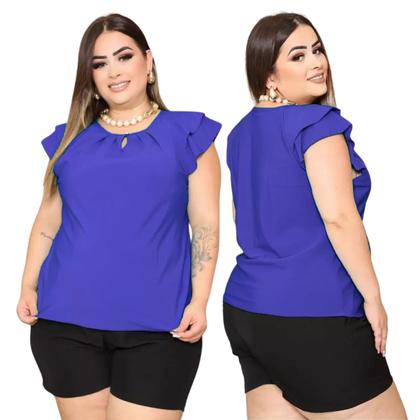 Imagem de Blusa Feminina Plus Size Social Manga Curta Detalhe Gota Botão Crepe