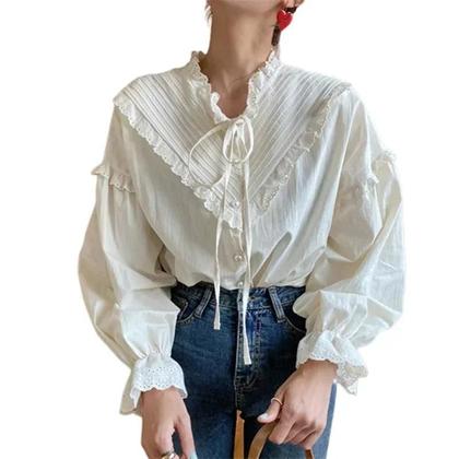 Imagem de Blusa Feminina Vintage De Manga Longa Com Renda, Elegante, Vazada Com Laço, Solta, Para Primavera E