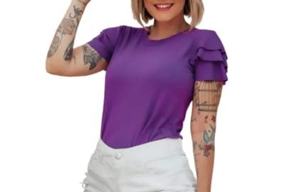 Imagem de Blusa feminina viscolycra básica gola rasa manga curta três babados