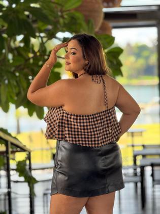 Imagem de Blusa Frente Única Xadrez Plus Size Feminina Alça Amarração Ajustável Cropped Bata Soltinha Festa