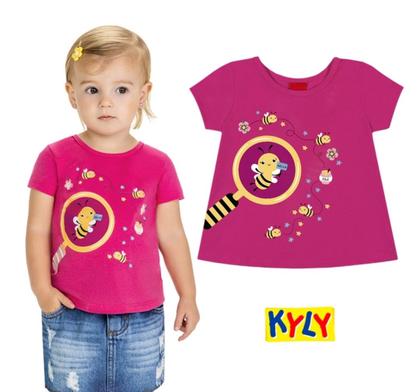 Imagem de Blusa Infantil Feminino em Meia Malha Rosa Choque Abelha Kyly