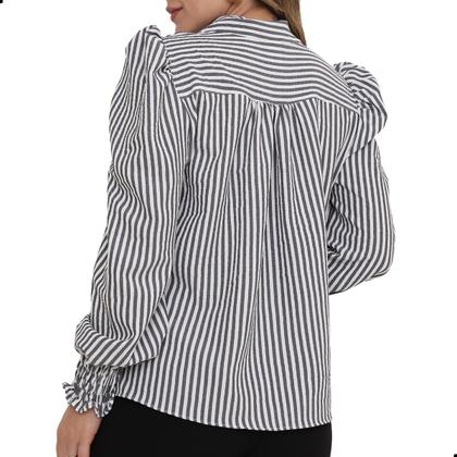 Imagem de Blusa Manga Longa Bufante Gola V Listrada Feminina Social