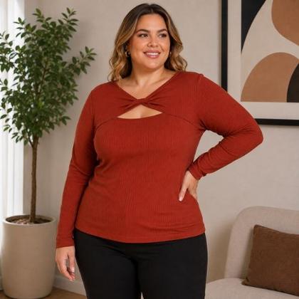 Imagem de Blusa Manga Longa Canelada Plus Size- Cereja Rosa