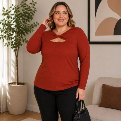 Imagem de Blusa Manga Longa Canelada Plus Size- Cereja Rosa