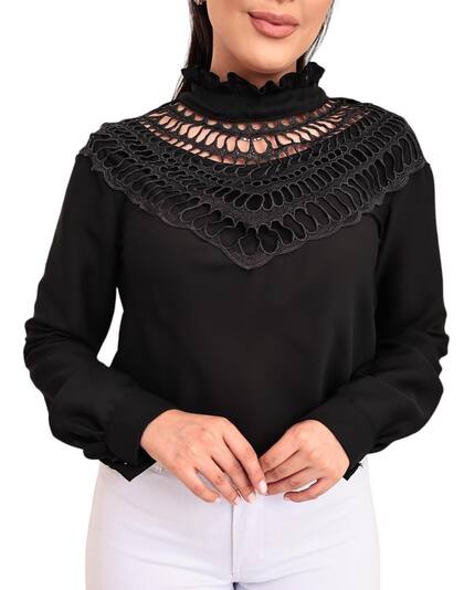Imagem de Blusa Manga Longa Moda Boutique Renda Sofisticada SKU:BML02