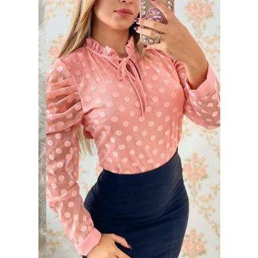 Imagem de Blusa manga longa princesa poá gola babado laço no decote moda feminina