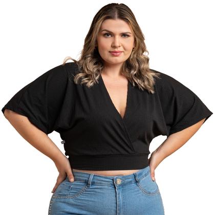 Imagem de Blusa Manga Morcego Transpassada Cropped Feminino Decote V Canelada Soltinha Manga 3/4 Tecido Leve Social Festa Evento