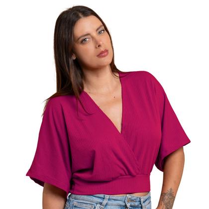 Imagem de Blusa Manga Morcego Transpassada Cropped Feminino Decote V Canelada Soltinha Manga 3/4 Tecido Leve Social Festa Evento