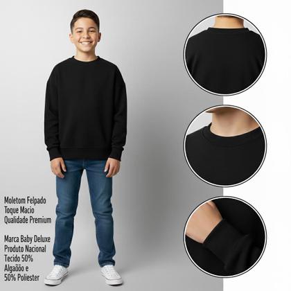 Imagem de Blusa Moletom Juvenil Flanelado Preto Punho Basico Infantil Menino Menina Uniforme Escolar frio Inverno Estilo Casual 10 A 16 Macio Algodão