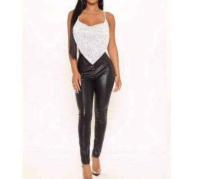 Imagem de Blusa Paetê Brilho Prata Rosa Top Cropped Festa Balada