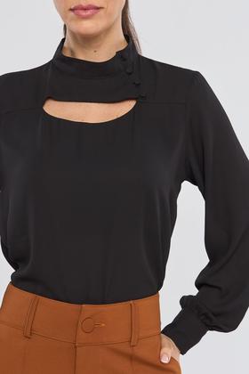 Imagem de Blusa PKS Manga Longa Gola Alta com Botões Preta