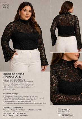 Imagem de Blusa Plus Size de Renda Transparente Manga Flare Elegante Tendência
