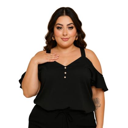 Imagem de Blusa Plus Size Feminina Ciganinha Alças Largas Manga Soltinha Decote V Botões Crepe Leve Elegante - Preto - G1