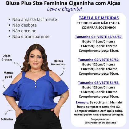 Imagem de Blusa Plus Size Feminina Ciganinha Alças Largas Manga Soltinha Decote V Botões Crepe Leve Elegante - Preto - G1