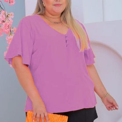 Imagem de Blusa Plus Size Feminina Manga Curta Godê Decote V com Botões Encapados