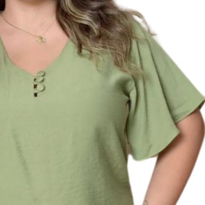 Imagem de Blusa Plus Size Feminina Manga Curta Godê Decote V com Botões Encapados