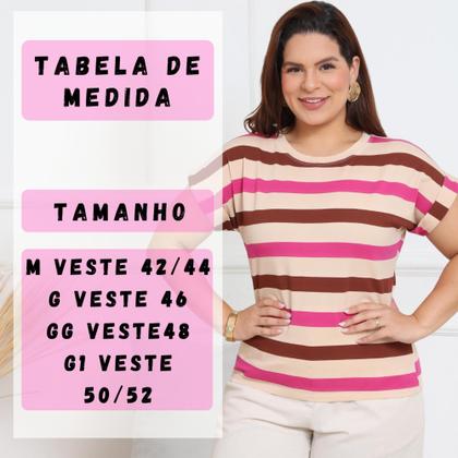 Imagem de Blusa Plus Size Listrada Feminina T-Shirt Manga Curta Dobrada Casual
