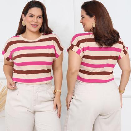 Imagem de Blusa Plus Size Listrada Feminina T-Shirt Manga Curta Dobrada Casual