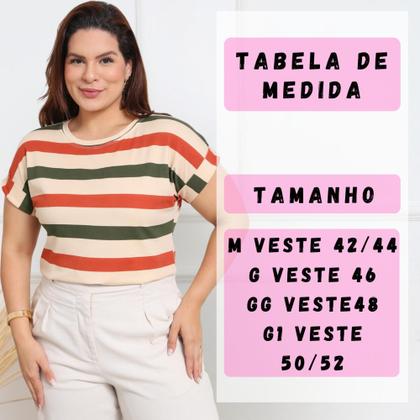 Imagem de Blusa Plus Size Listrada Feminina T-Shirt Manga Curta Dobrada Casual