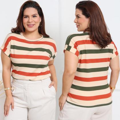 Imagem de Blusa Plus Size Listrada Feminina T-Shirt Manga Curta Dobrada Casual