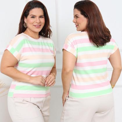 Imagem de Blusa Plus Size Listrada Feminina T-Shirt Manga Curta Dobrada Casual
