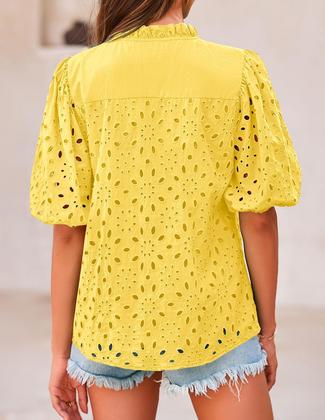 Imagem de Blusa PRETTYGARDEN Amarela com Renda, Decote V e Manga Curta M