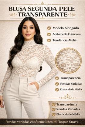 Imagem de Blusa Segunda Pele de Renda Transparente Manga Longa Feminina
