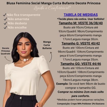 Imagem de Blusa Social Feminina Manga Curta Bufante Decote Princesa Crepe Elegante M G GG -