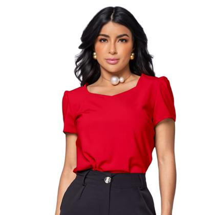 Imagem de Blusa Social Feminina Manga Curta Bufante Decote Princesa Crepe Elegante M G GG -