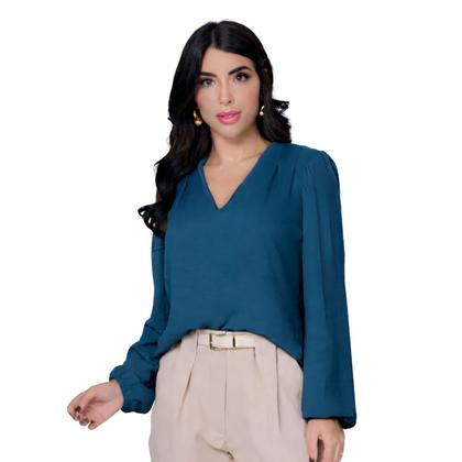 Imagem de Blusa Social Feminina Manga Longa Bufante Gola V Elegante -