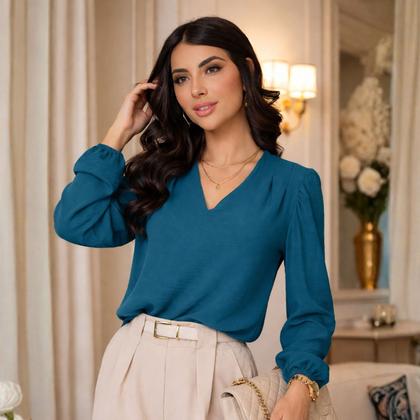 Imagem de Blusa Social Feminina Manga Longa Bufante Gola V Elegante -