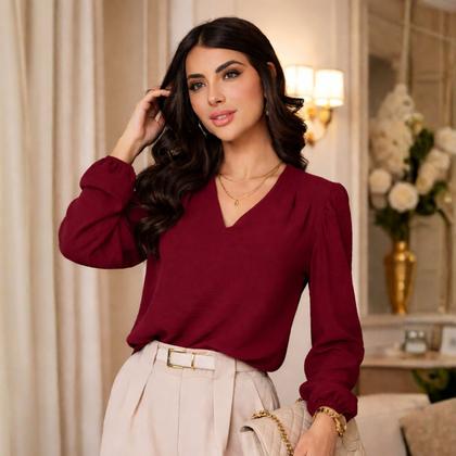 Imagem de Blusa Social Feminina Manga Longa Bufante Gola V Elegante -