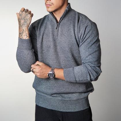 Blusa Suéter Meio Zíper com Gola Alta Masculino Manga Longa