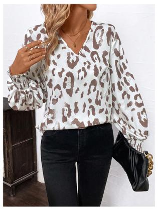 Imagem de Blusa SweatyRocks com estampa de leopardo com decote em V e manga comprida feminina