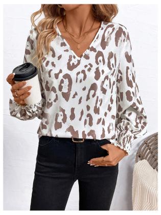 Imagem de Blusa SweatyRocks com estampa de leopardo com decote em V e manga comprida feminina