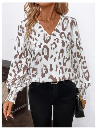 Imagem de Blusa SweatyRocks com estampa de leopardo com decote em V e manga comprida feminina