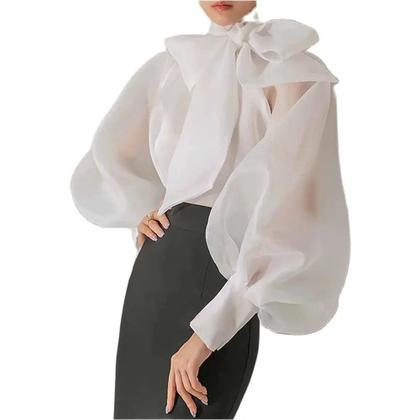 Imagem de Blusa Transparente Plus Size Branca com Renda e Manga Bufante - Elegante Top para Festa