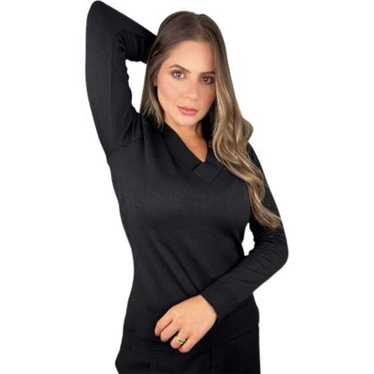 Imagem de Blusa Trico Basica De Frio Feminina Decote V Manga Longa