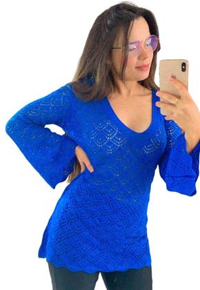Imagem de Blusa Tricô Rendado Manga Longa com Decote V e Acabamento Delicado