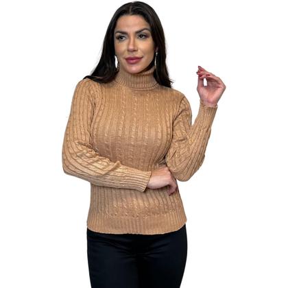 Imagem de Blusa Tricot Feminina Sueter Manga Longa Trançada Gola Alta