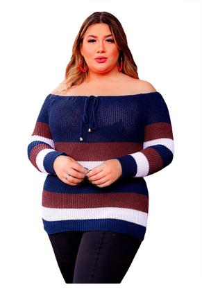 Imagem de Blusa Tricot Plus Size Feminina Frio Listras Moda Inverno