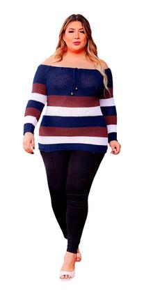 Imagem de Blusa Tricot Plus Size Feminina Frio Listras Moda Inverno