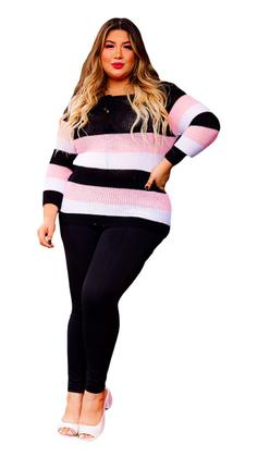 Imagem de Blusa Tricot Plus Size Feminina Frio Listras Moda Inverno